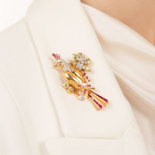 Retro Diamond and Ruby Bird Pin