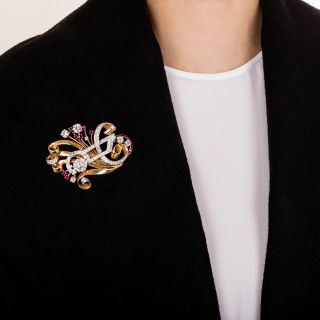Retro Diamond and Ruby Brooch