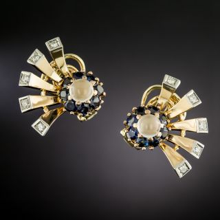 Retro Moonstone, Sapphire and Diamond Flare Earrings - 2
