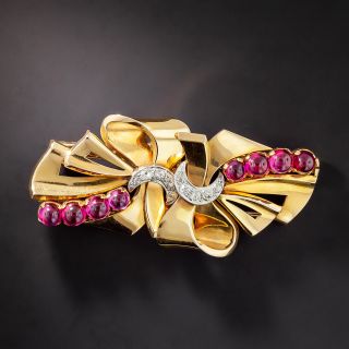 Retro Ruby and Diamond Double-Clip Brooch - 1