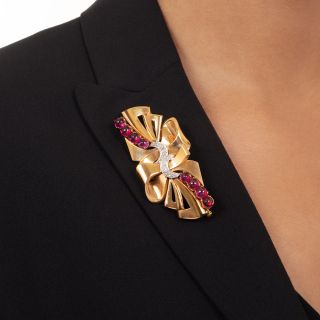 Retro Ruby and Diamond Double-Clip Brooch