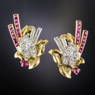 Retro Ruby and Diamond Leaf Earrings - 1
