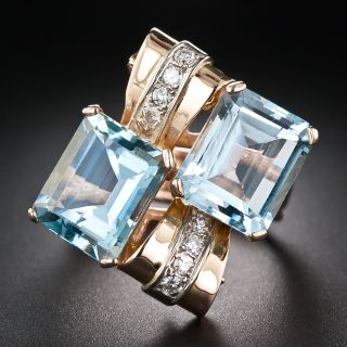 Retro Twin Aquamarine and Diamond Ring - 6