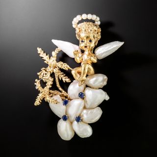 Ruser Angel Freshwater Pearl and Sapphire  Brooch - 1