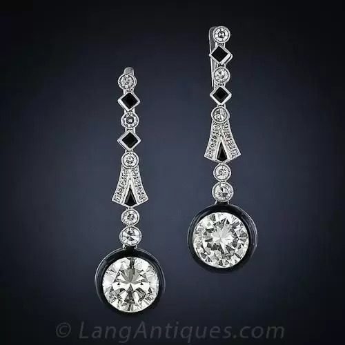 Diamond and Black Enamel Drop Earrings.