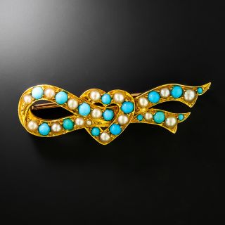 Victorian 18K Turquoise and Natural Pearl Brooch - 2