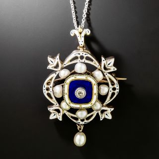Victorian Blue and White Enamel, Pearl and Diamond Pendant/Brooch - 2