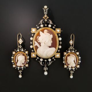 Victorian Carnelian Cameo Pendant/Brooch and Earrings Set - 1