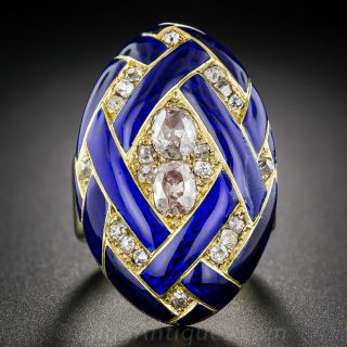 Victorian Cobalt Enamel Diamond Locket Ring, Size 6 1/2 - 1