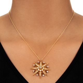 Victorian Diamond and Natural Pearl Starburst 18K Brooch/Pendant