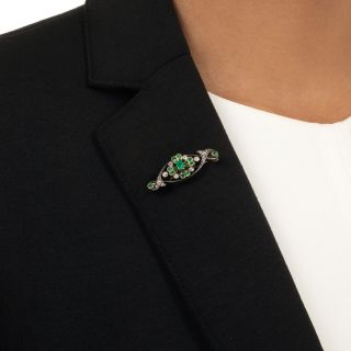 Victorian Emerald and Diamond Flower Brooch