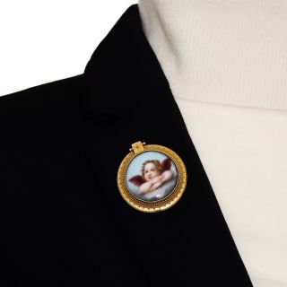 Victorian Enameled Angel Locket Brooch 