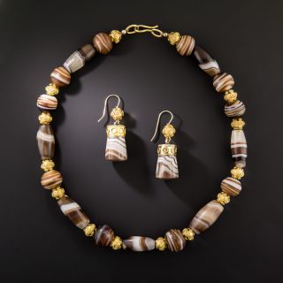 Victorian Etruscan Revival Agate Bead Necklace and Earrings - 4