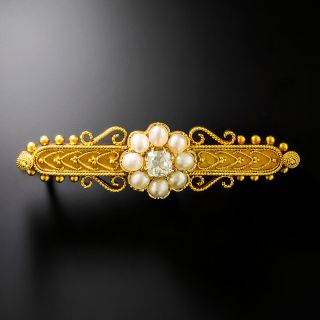 Victorian Etruscan Revival Diamond and Natural Pearl Bar Brooch - 2