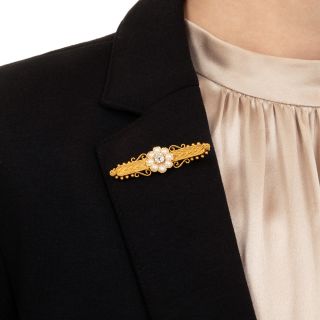 Victorian Etruscan Revival Diamond and Natural Pearl Bar Brooch