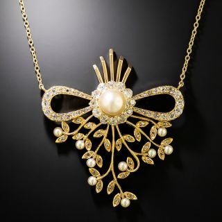 Victorian Natural Pearl and Diamond Spray 18K Pendant - GIA - 3