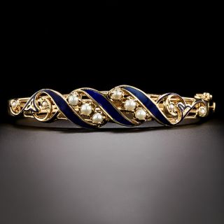 Victorian Revival Blue Enamel and Pearl Bangle Bracelet - 2