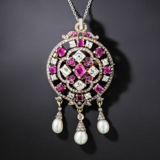 Victorian Ruby, Diamond and Natural Pearl Lavalière/Brooch - GIA - 2