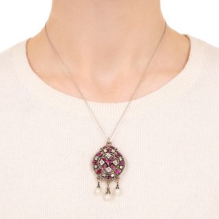 Victorian Ruby, Diamond and Natural Pearl Lavalière/Brooch - GIA