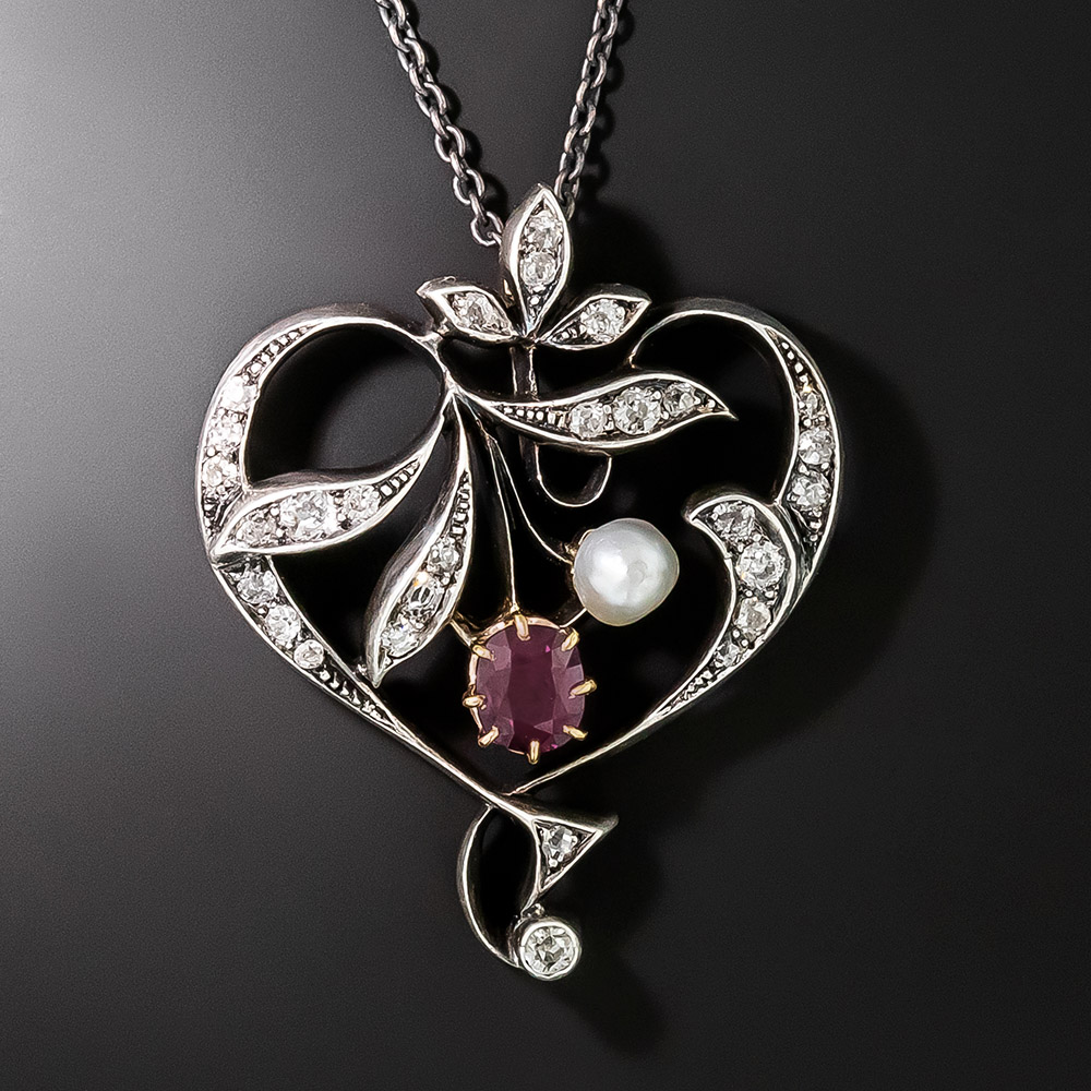 Victorian Ruby, Natural Pearl and Diamond Lavaliere - Austro-Hungarian