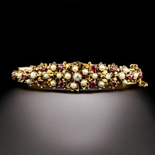 Victorian Seed Pearl, Diamond and Ruby Bangle Bracelet - 2