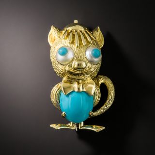 Vintage Goofy Turquoise Cat Brooch - 1