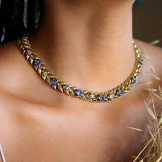 Vintage No-Heat Ceylon Sapphire and Diamond Leaf Necklace